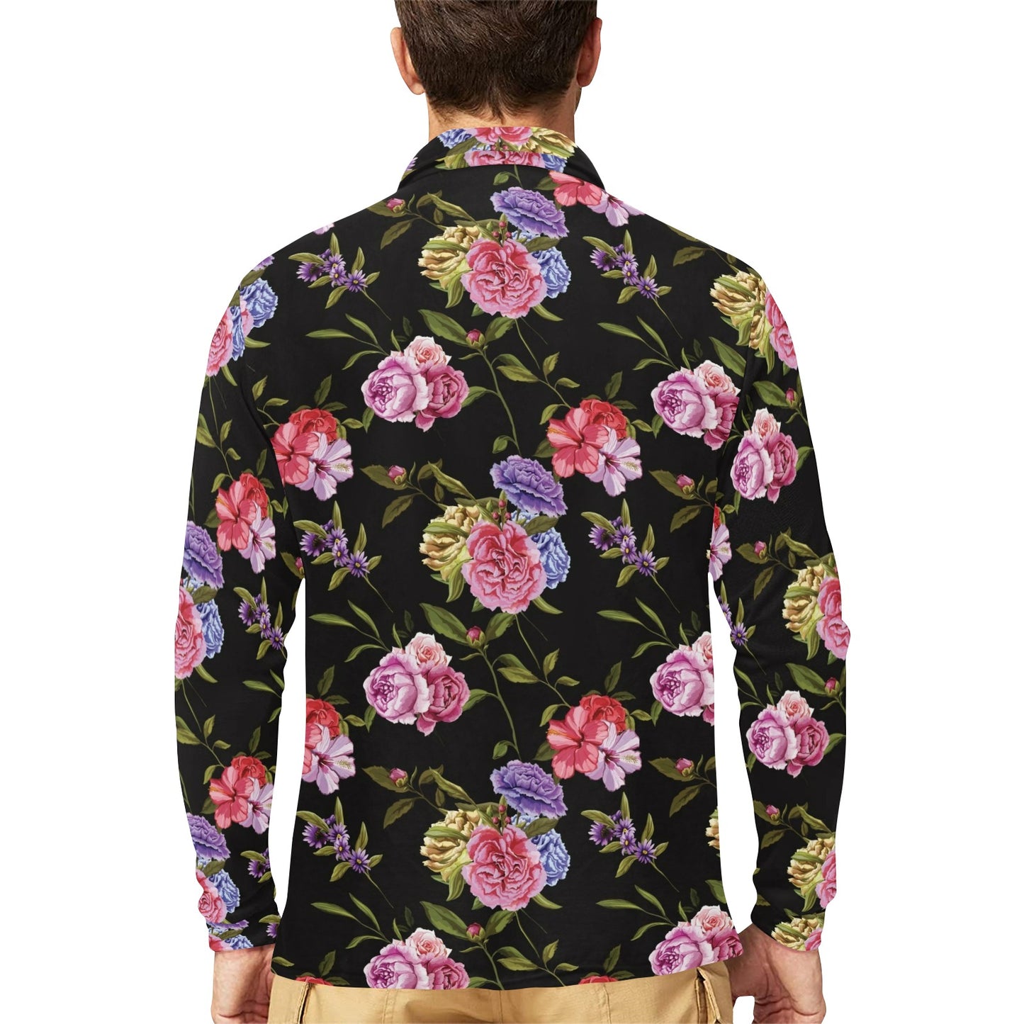 Carnations Pattern Print Design CN05 Long Sleeve Polo Shirt For Men's