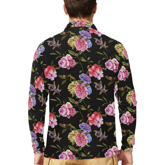 Carnations Pattern Print Design CN05 Long Sleeve Polo Shirt For Men's