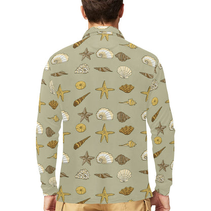 Seashell Beach Print Design LKS303 Long Sleeve Polo Shirt For Men's