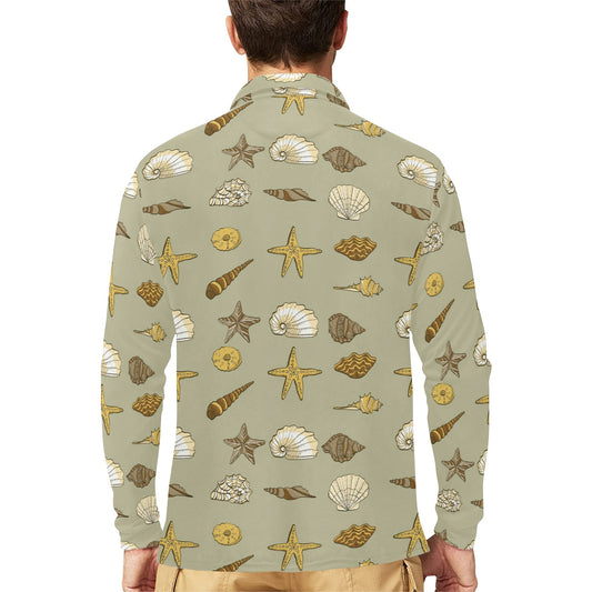Seashell Beach Print Design LKS303 Long Sleeve Polo Shirt For Men's