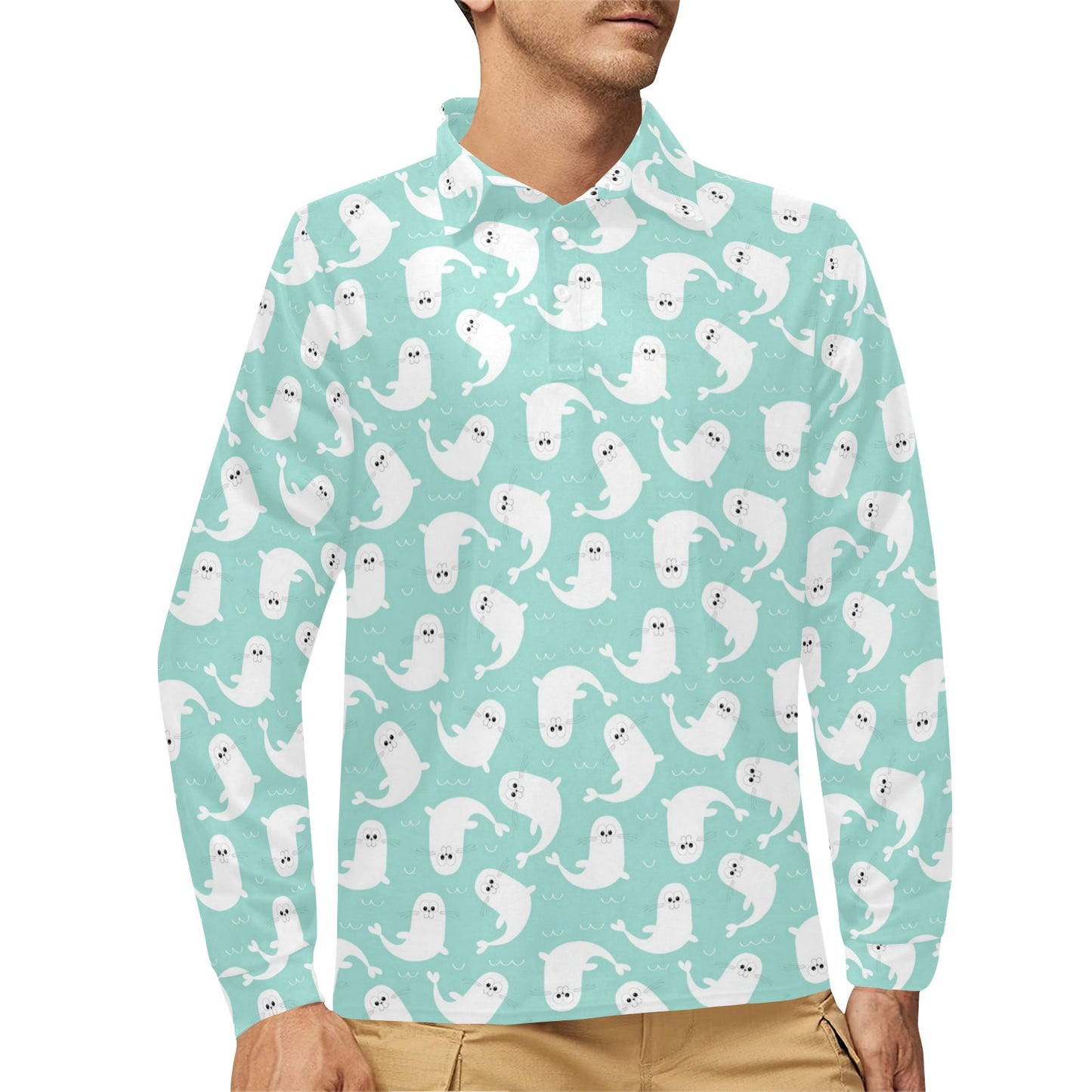 Sea Lion Print Design LKS401 Long Sleeve Polo Shirt For Men's