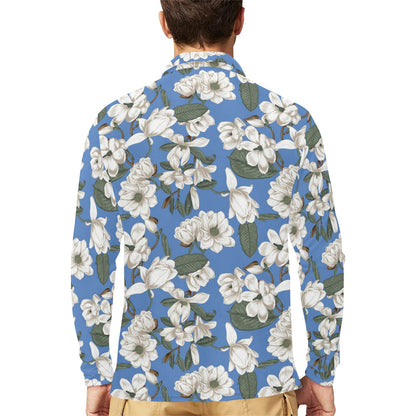 Magnolia Pattern Print Design 01 Long Sleeve Polo Shirt For Men's