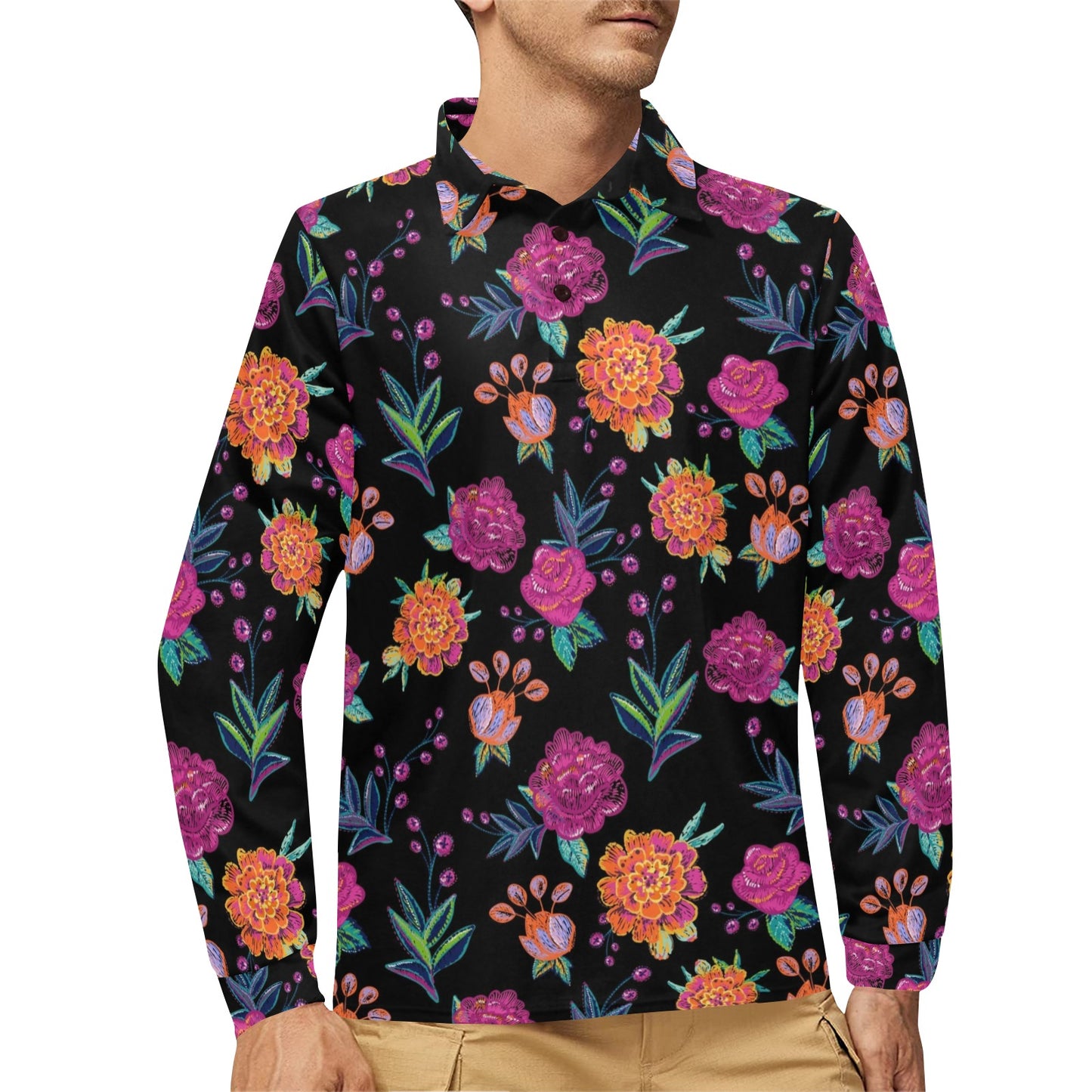 Marigold Pattern Print Design MR02 Long Sleeve Polo Shirt For Men's