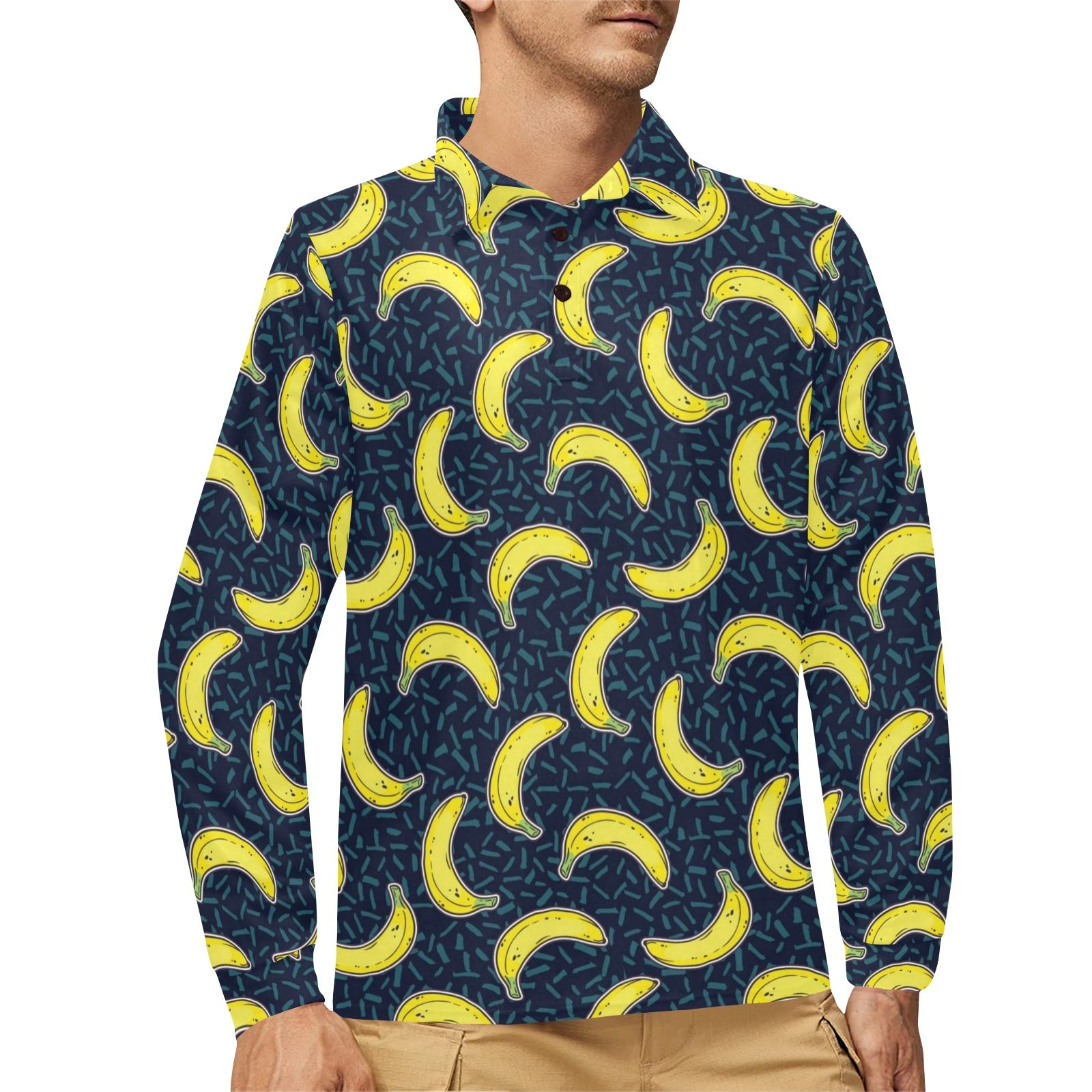 Banana Pattern Print Design BA09 Long Sleeve Polo Shirt For Men's