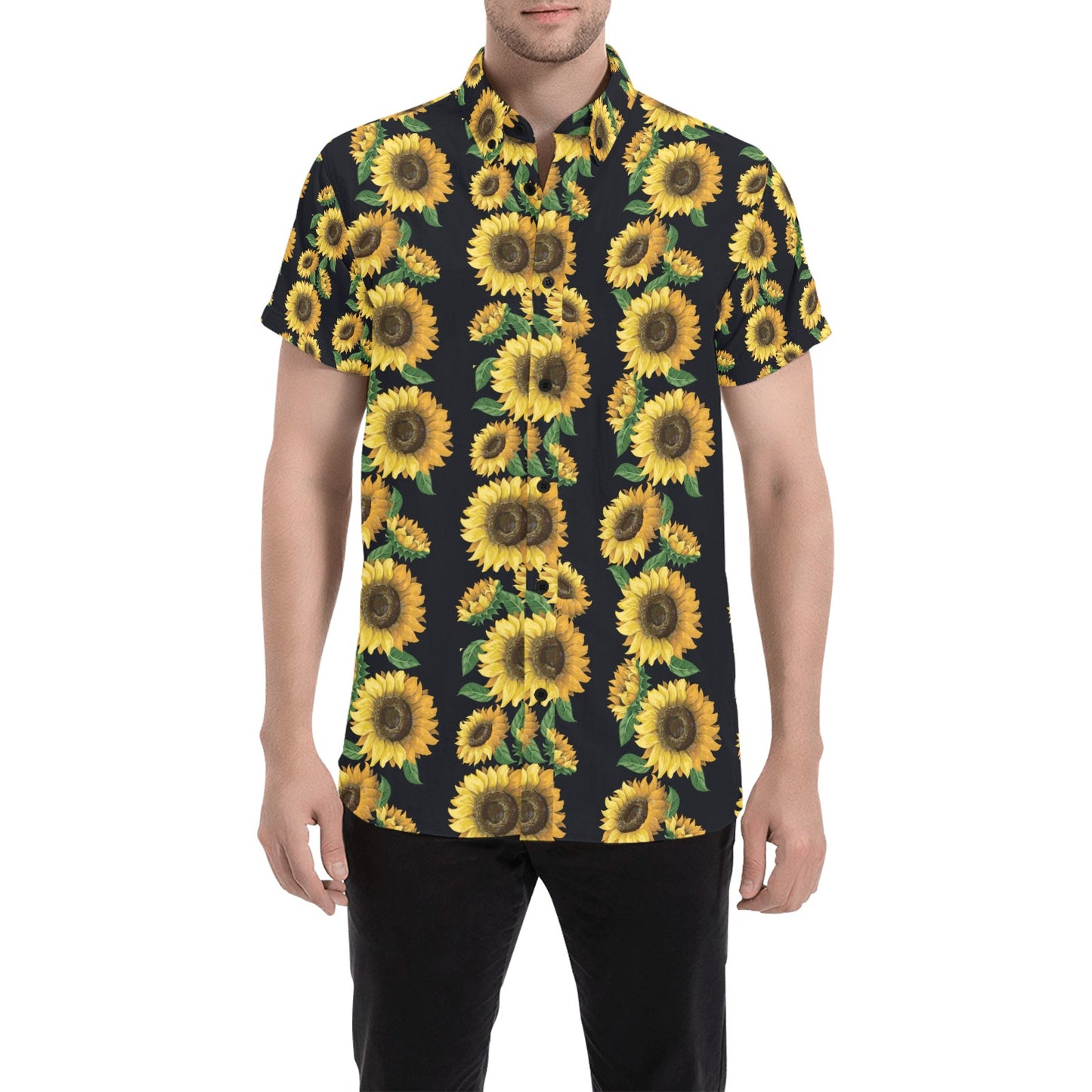 Sunflower Print Design LKS306 Men Short Sleeve Button Up Shirt
