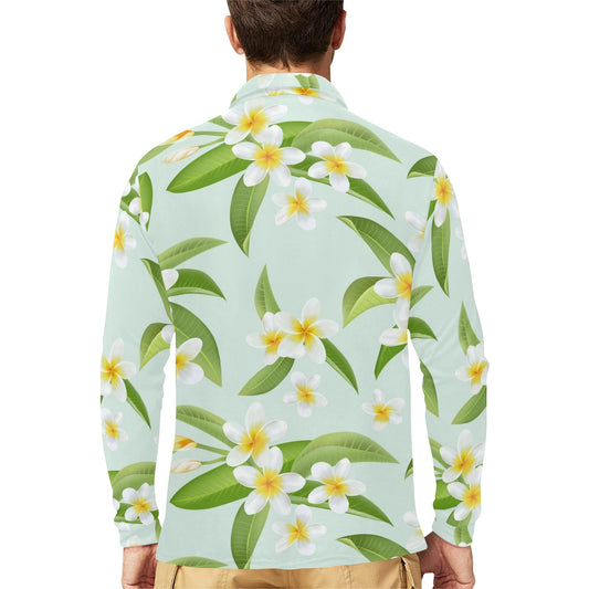 Yellow Plumeria Pattern Print Design PM024 Long Sleeve Polo Shirt For Men's