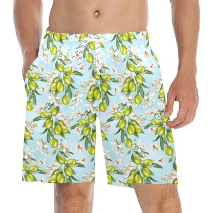 Elegant Olive Floral Print Men's Swim Trunks Beach Shorts