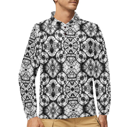 Tie Dye Black White Design Print Long Sleeve Polo Shirt For Men's