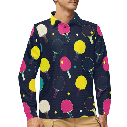 Ping Pong Pattern Print Design A04 Long Sleeve Polo Shirt For Men's