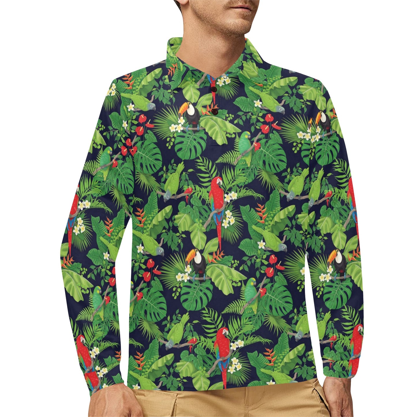 Rainforest Parrot Pattern Print Design A03 Long Sleeve Polo Shirt For Men's