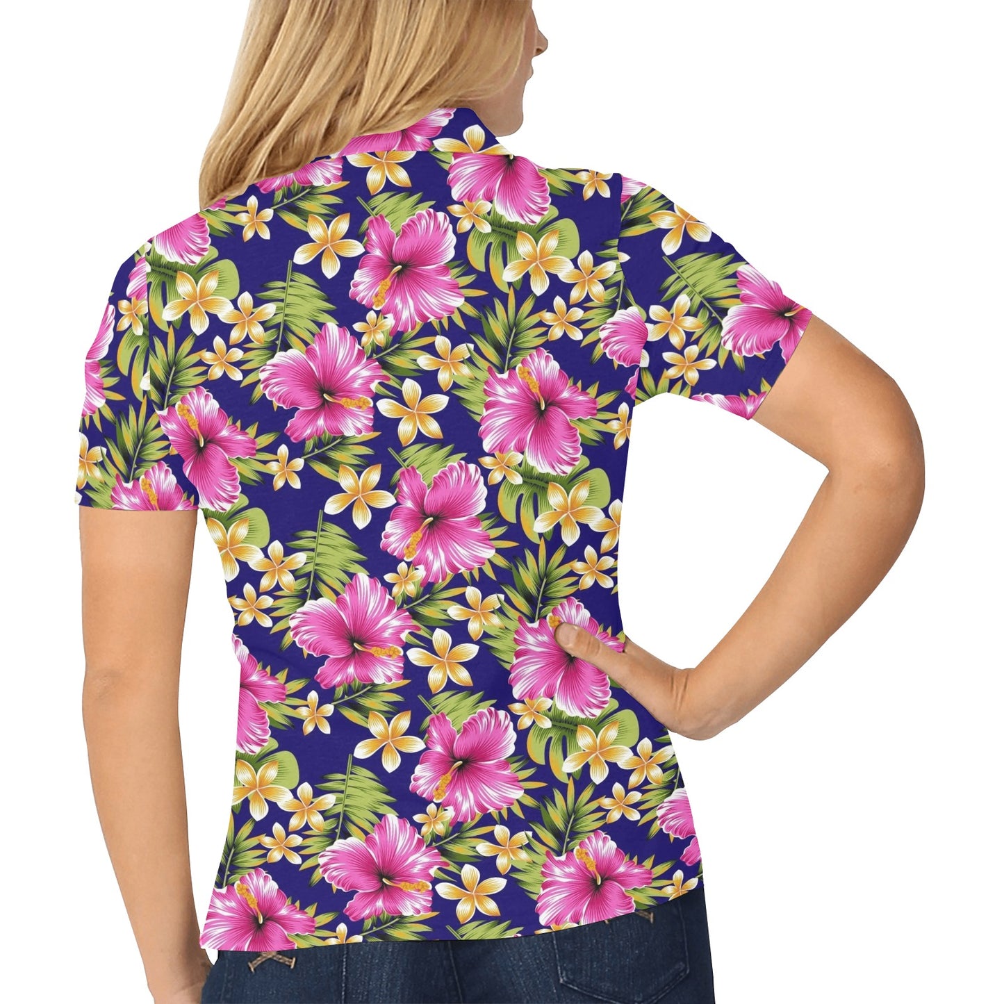Pink Hibiscus Pattern Print Design HB027 Women's Polo Shirt