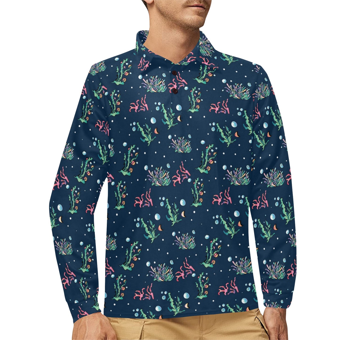 Seaweed Print Design LKS306 Long Sleeve Polo Shirt For Men's
