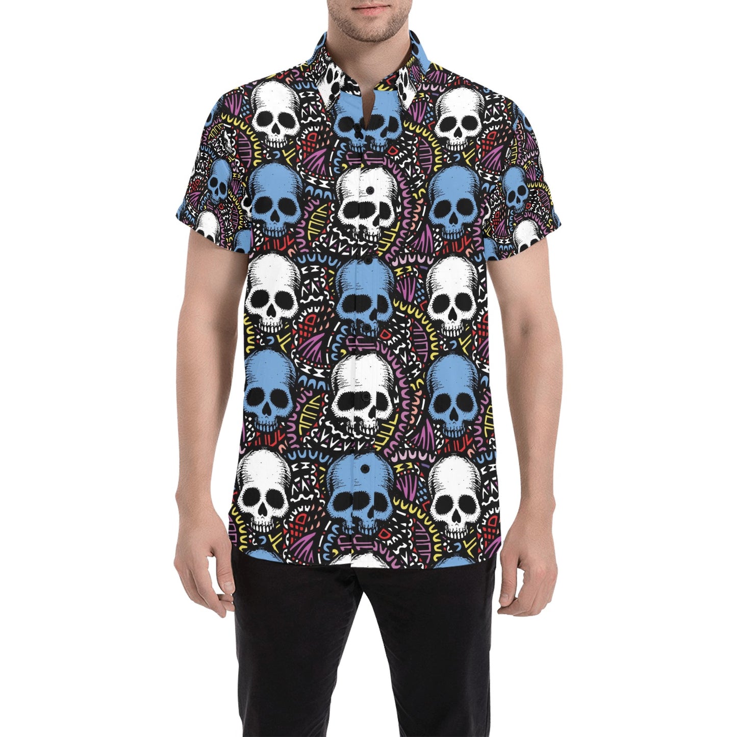 Skull Print Design LKS305 Men Short Sleeve Button Up Shirt