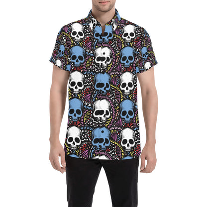 Skull Print Design LKS305 Men Short Sleeve Button Up Shirt