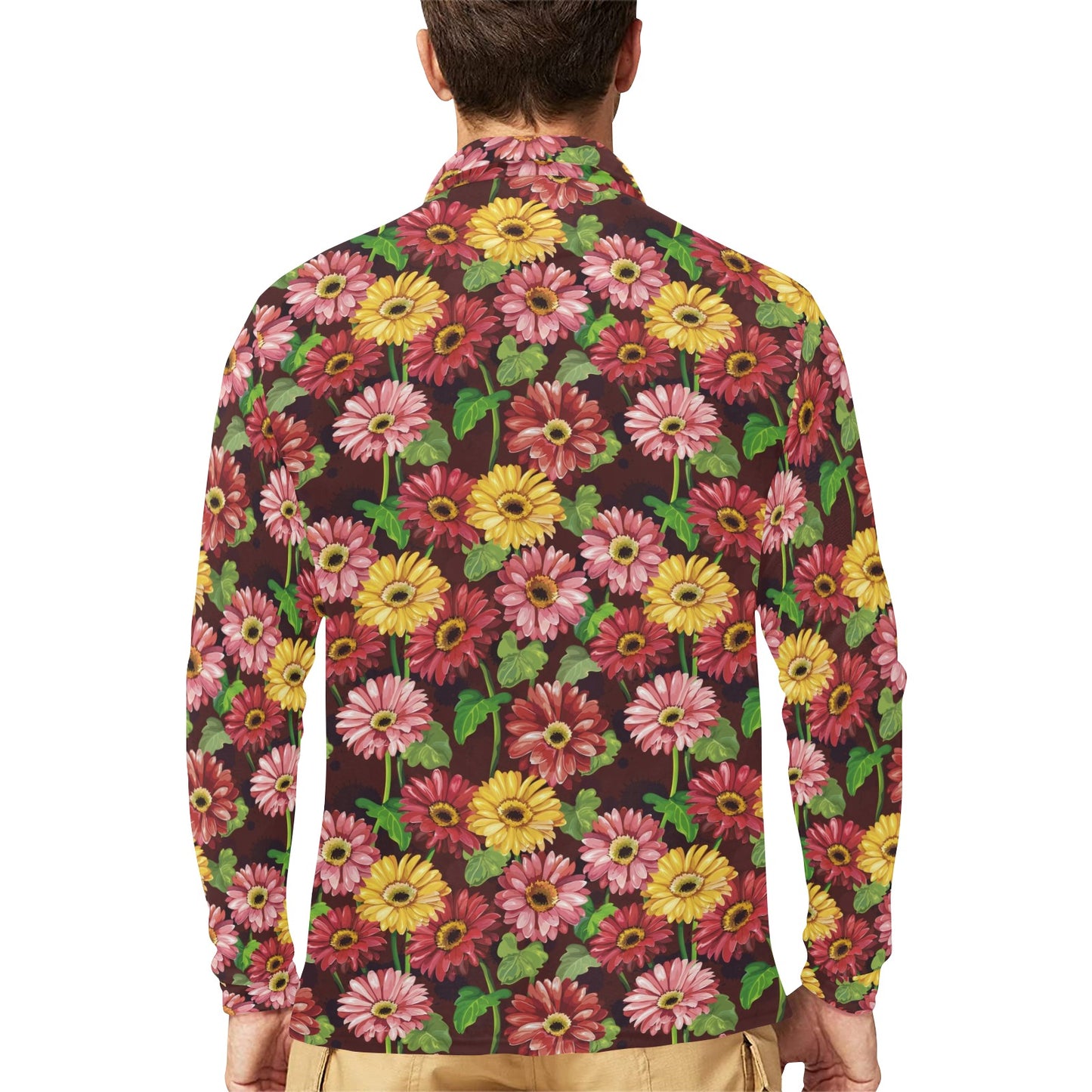 Daisy Gerbera Print Pattern Long Sleeve Polo Shirt For Men's
