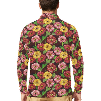 Daisy Gerbera Print Pattern Long Sleeve Polo Shirt For Men's