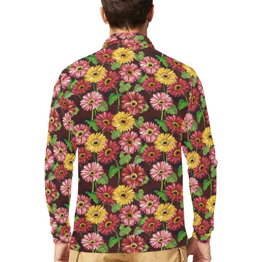 Daisy Gerbera Print Pattern Long Sleeve Polo Shirt For Men's