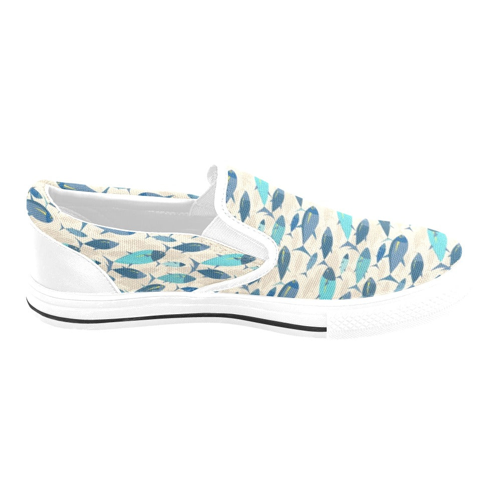 Tuna Fish Print Design LKS302 White Slip Ons Canvas Women's Shoes