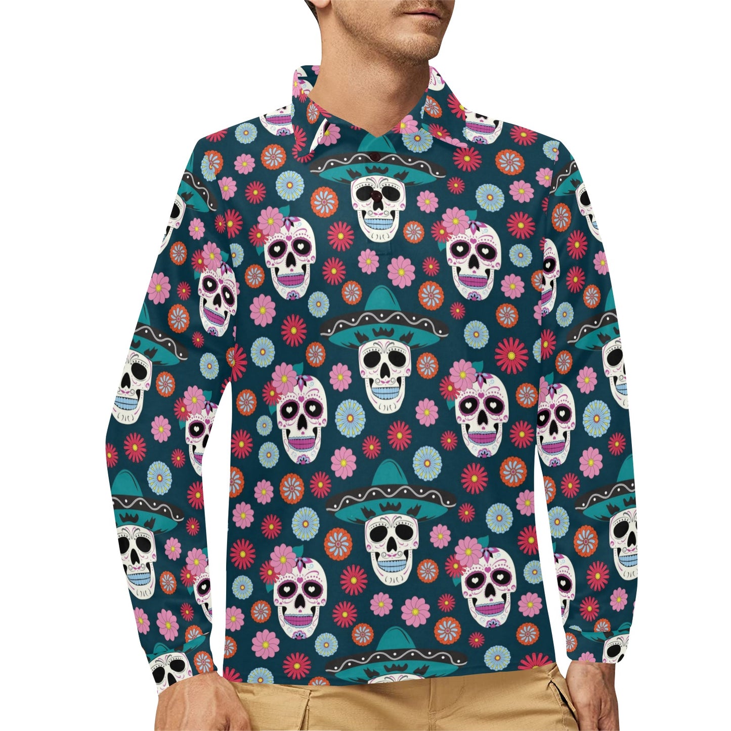 Sugar Skull Print Design LKS308 Long Sleeve Polo Shirt For Men's