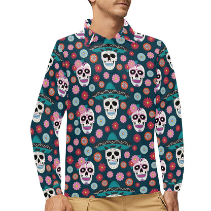 Sugar Skull Print Design LKS308 Long Sleeve Polo Shirt For Men's