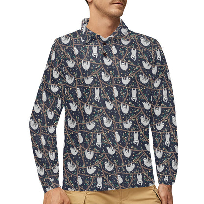 Sloth Happy Design Themed Print Long Sleeve Polo Shirt For Men's