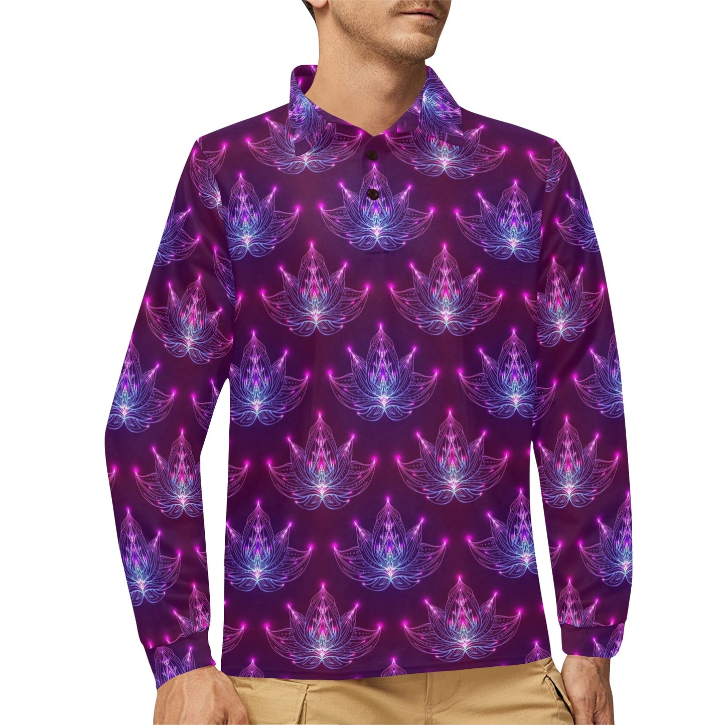 lotus Pattern Print Design LO01 Long Sleeve Polo Shirt For Men's