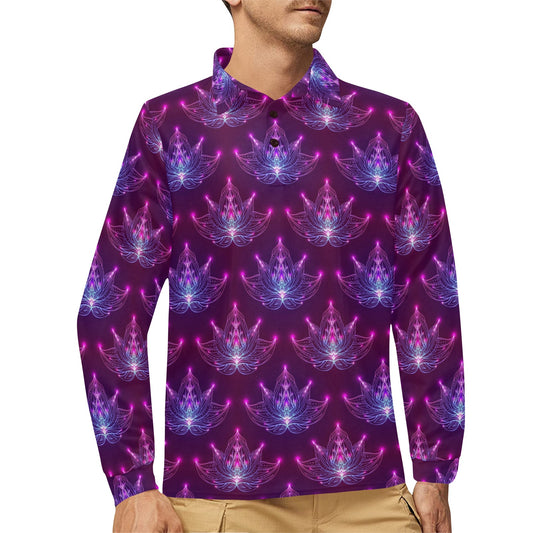 lotus Pattern Print Design LO01 Long Sleeve Polo Shirt For Men's