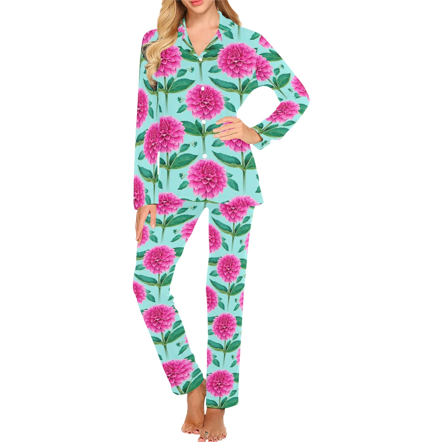 Dahlia Pattern Print Design DH08 Women's Long Pajama Set