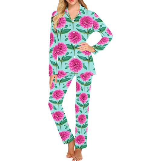 Dahlia Pattern Print Design DH08 Women's Long Pajama Set