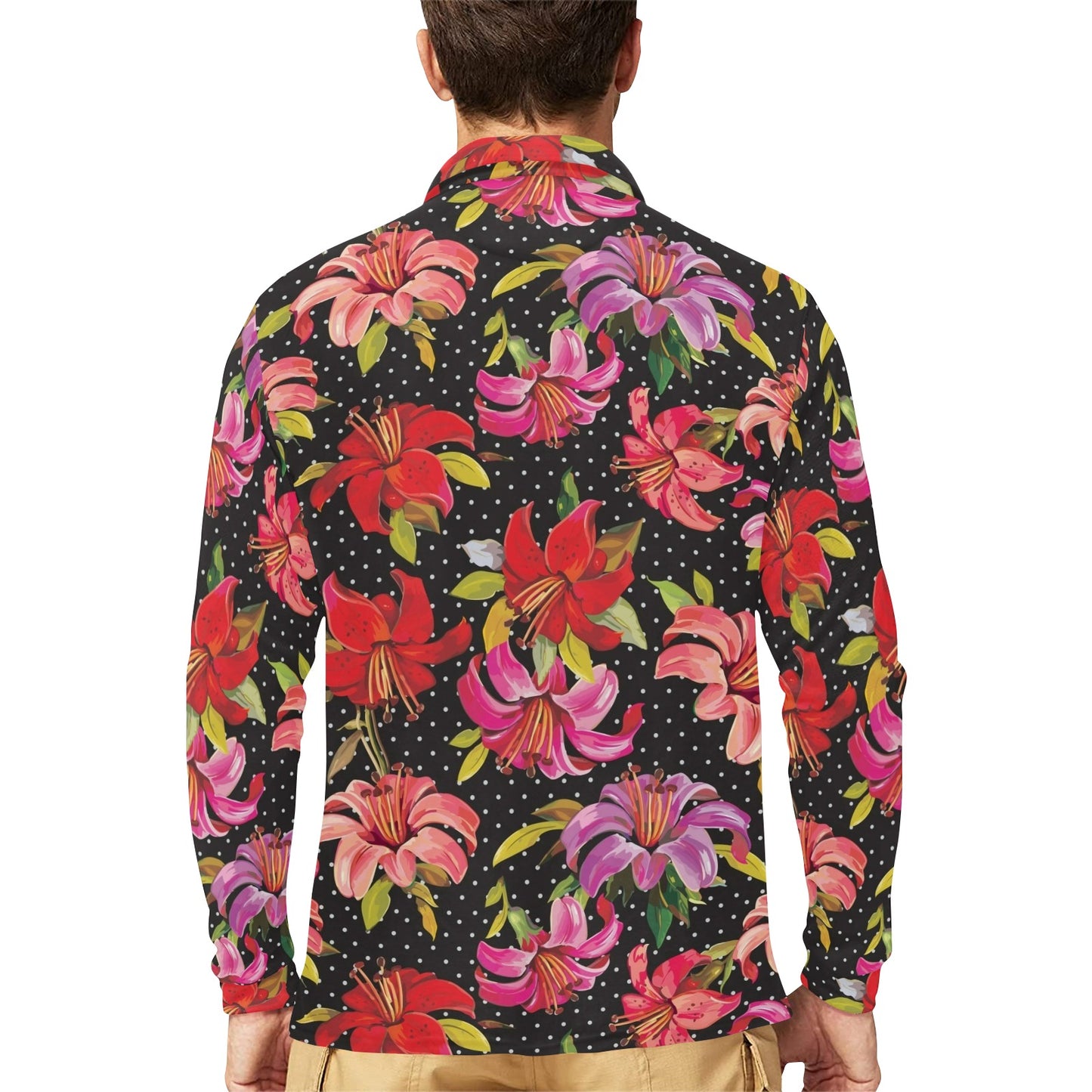 Lily Pattern Print Design LY012 Long Sleeve Polo Shirt For Men's