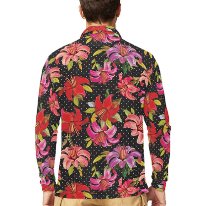 Lily Pattern Print Design LY012 Long Sleeve Polo Shirt For Men's