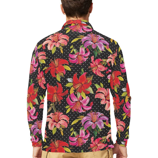 Lily Pattern Print Design LY012 Long Sleeve Polo Shirt For Men's