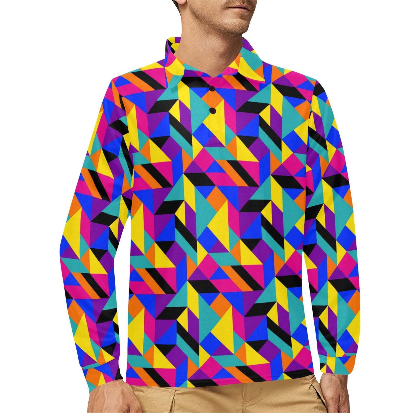 90s Colorful Pattern Print Design 1 Long Sleeve Polo Shirt For Men's