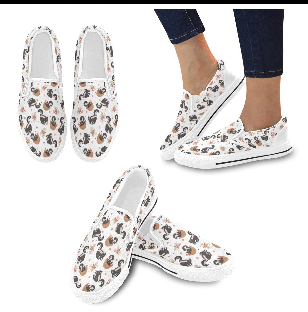 Skunk Print Design LKS304 White Slip Ons Canvas Women's Shoes