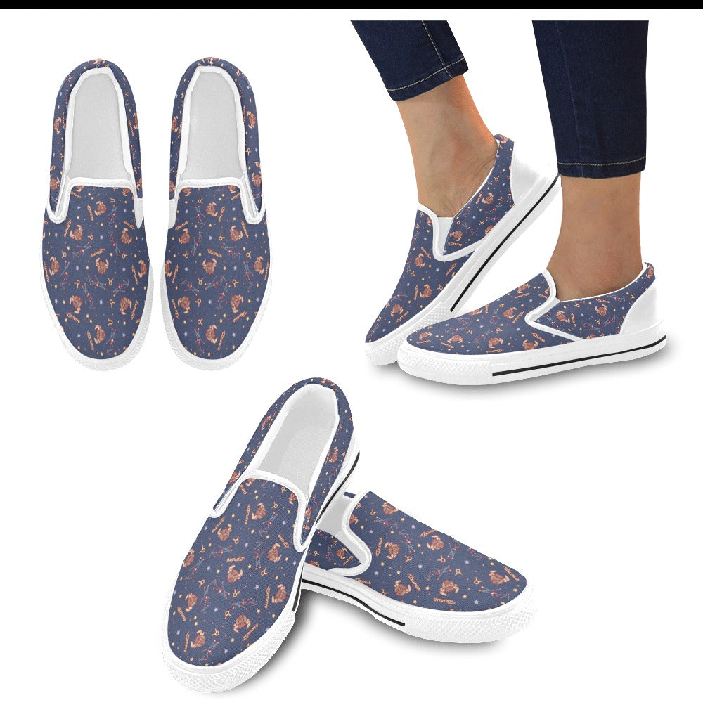 Taurus Print Design LKS304 White Slip Ons Canvas Women's Shoes