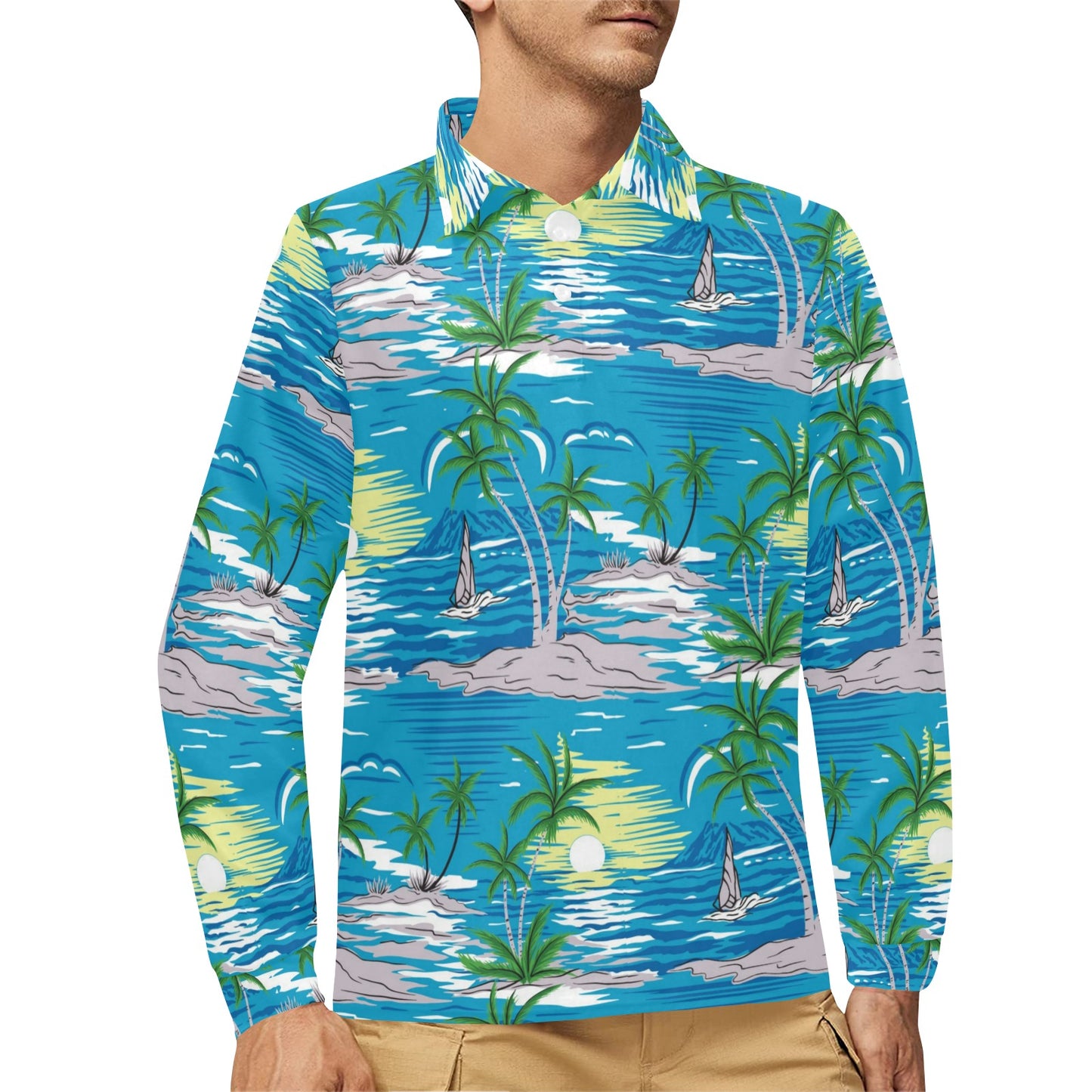 Palm Tree Beach Long Sleeve Polo Shirt For Men's