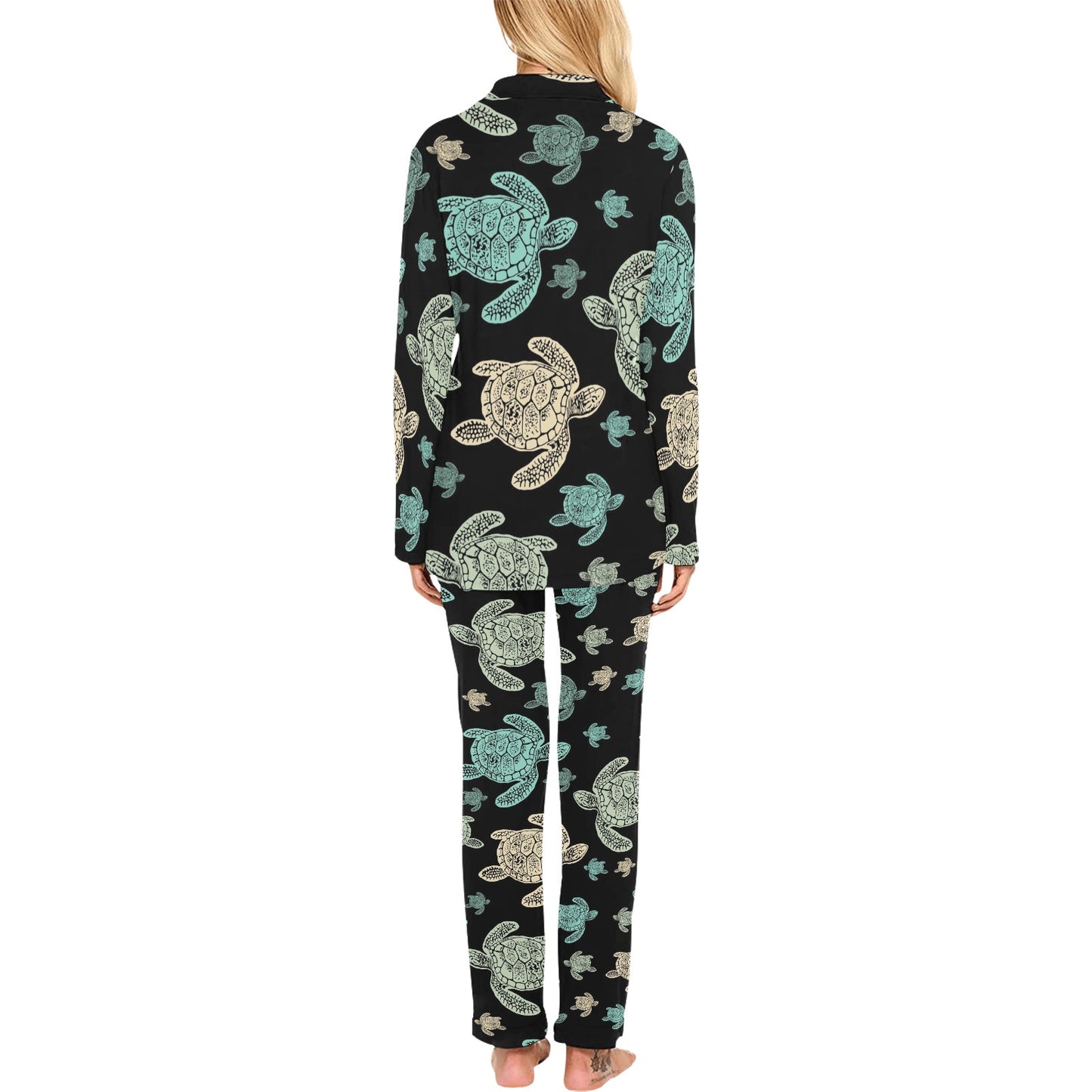 Sea Turtle Stamp Pattern Women's Long Pajama Set