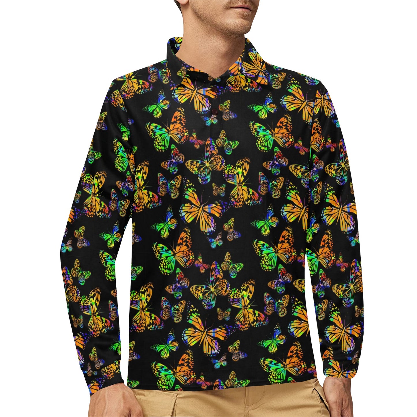 Butterfly Neon Color Print Pattern Long Sleeve Polo Shirt For Men's