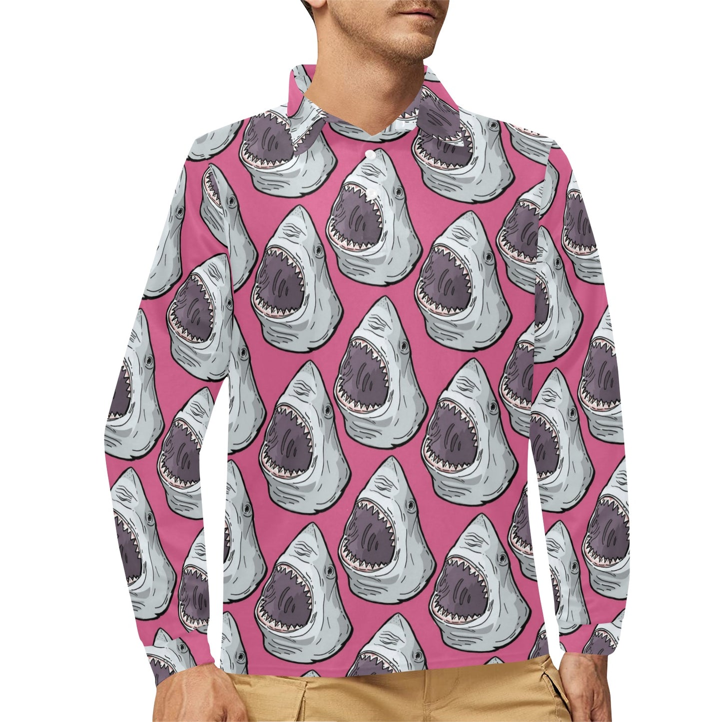 Great White Shark Pattern Print Design 01 Long Sleeve Polo Shirt For Men's