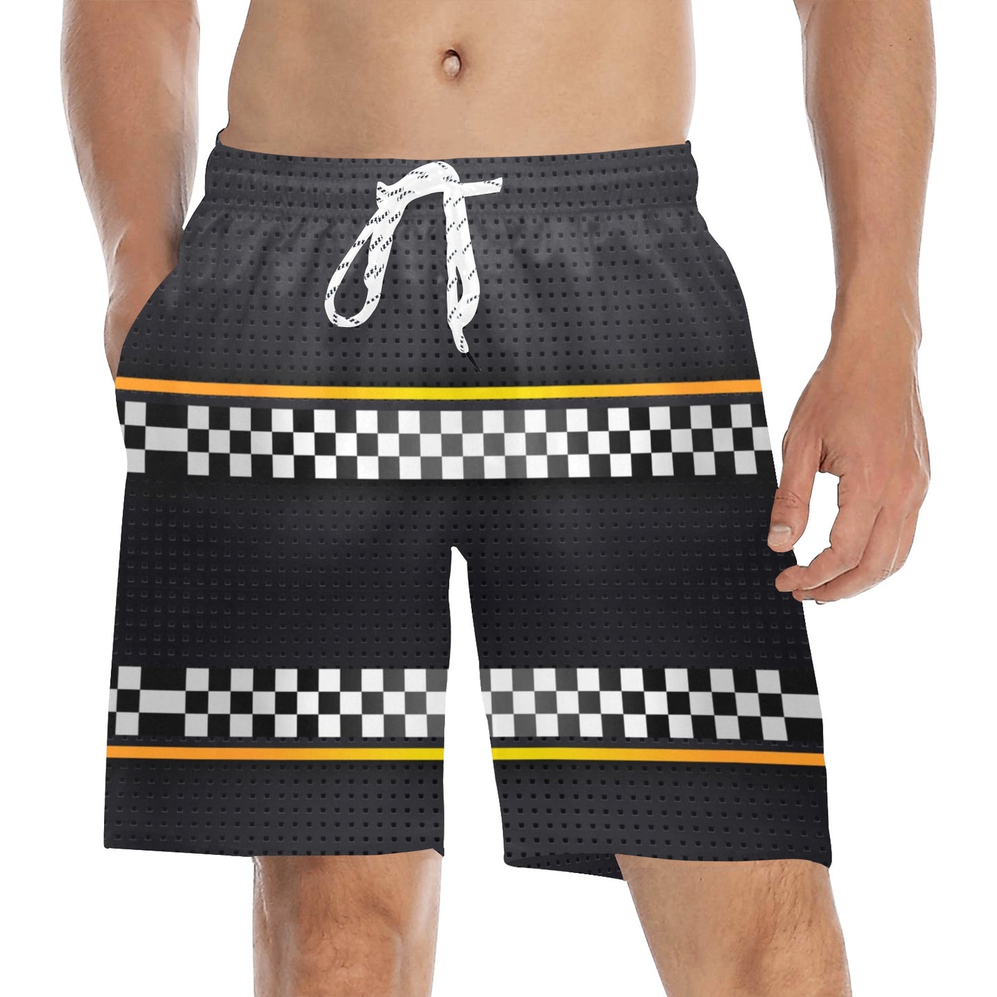Checkered Flag Yellow Line Style Men's Swim Trunks Beach Shorts