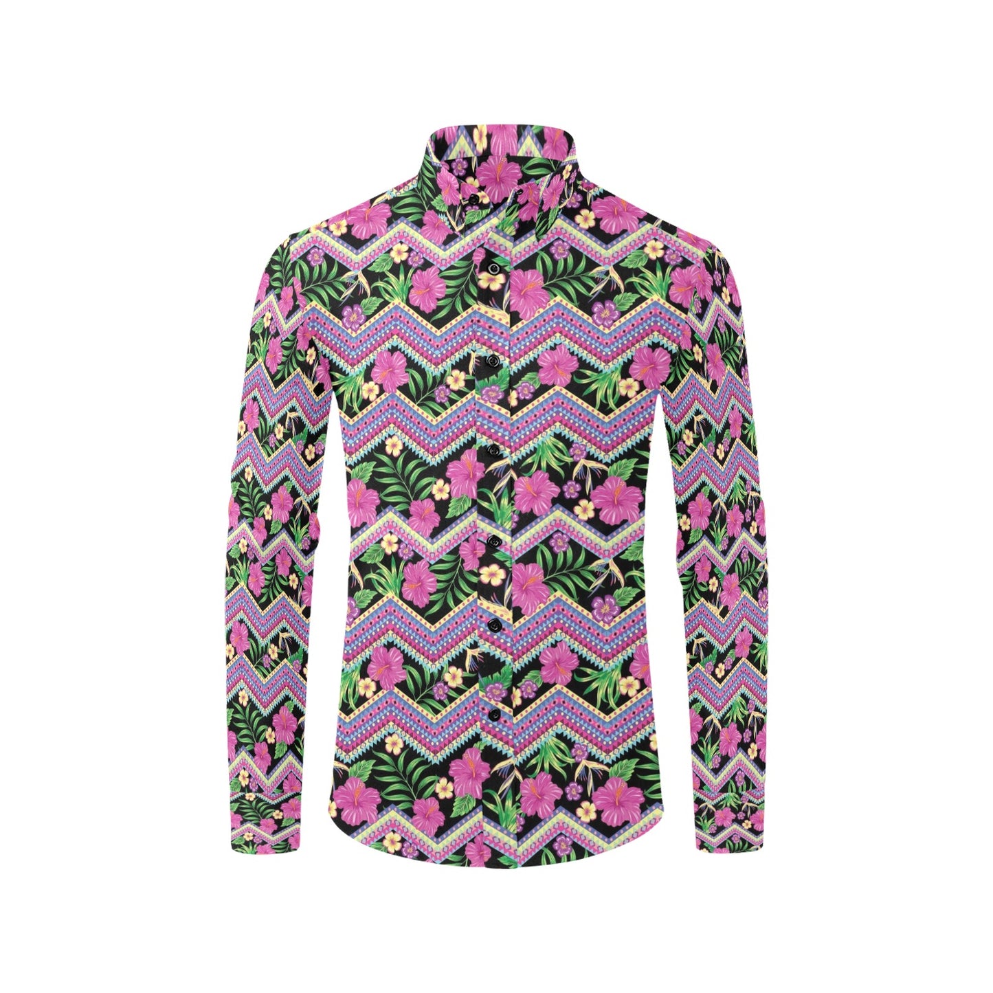 Hibiscus Pink Zigzag Line Pattern Design LKS307 Men's Long Sleeve Dress Shirt