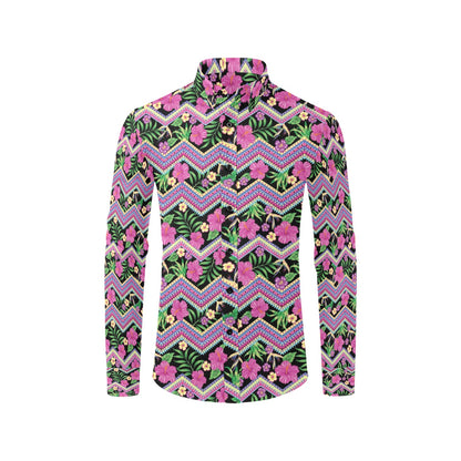 Hibiscus Pink Zigzag Line Pattern Design LKS307 Men's Long Sleeve Dress Shirt