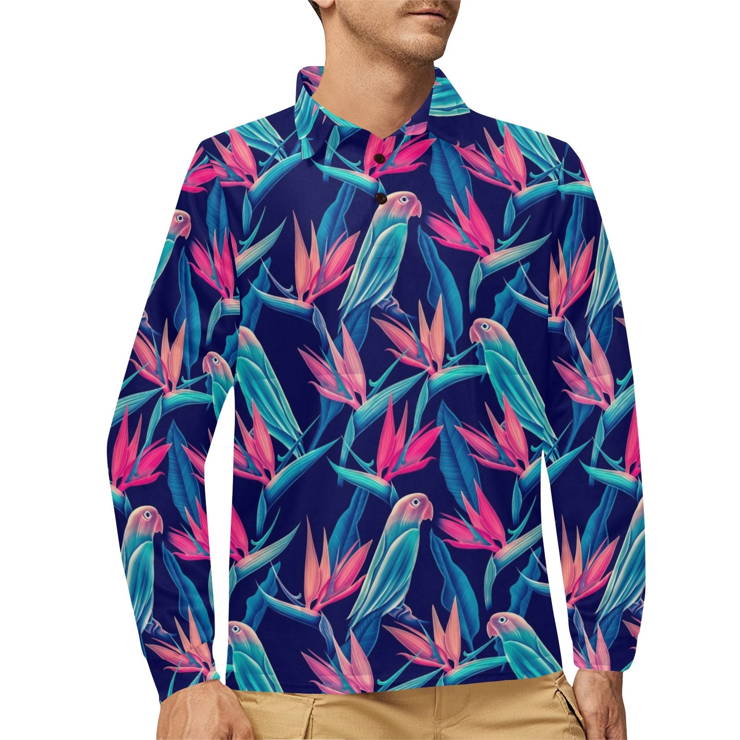 Tropical Flower Pattern Print Design TF024 Long Sleeve Polo Shirt For Men's