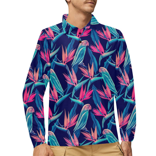 Tropical Flower Pattern Print Design TF024 Long Sleeve Polo Shirt For Men's