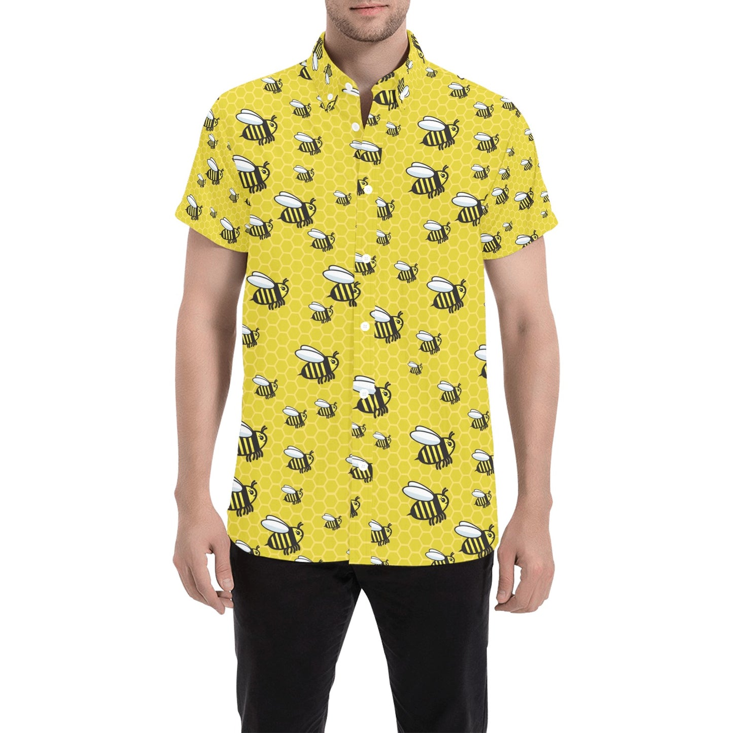 Bee Cute Print Design LKS308 Men Short Sleeve Button Up Shirt