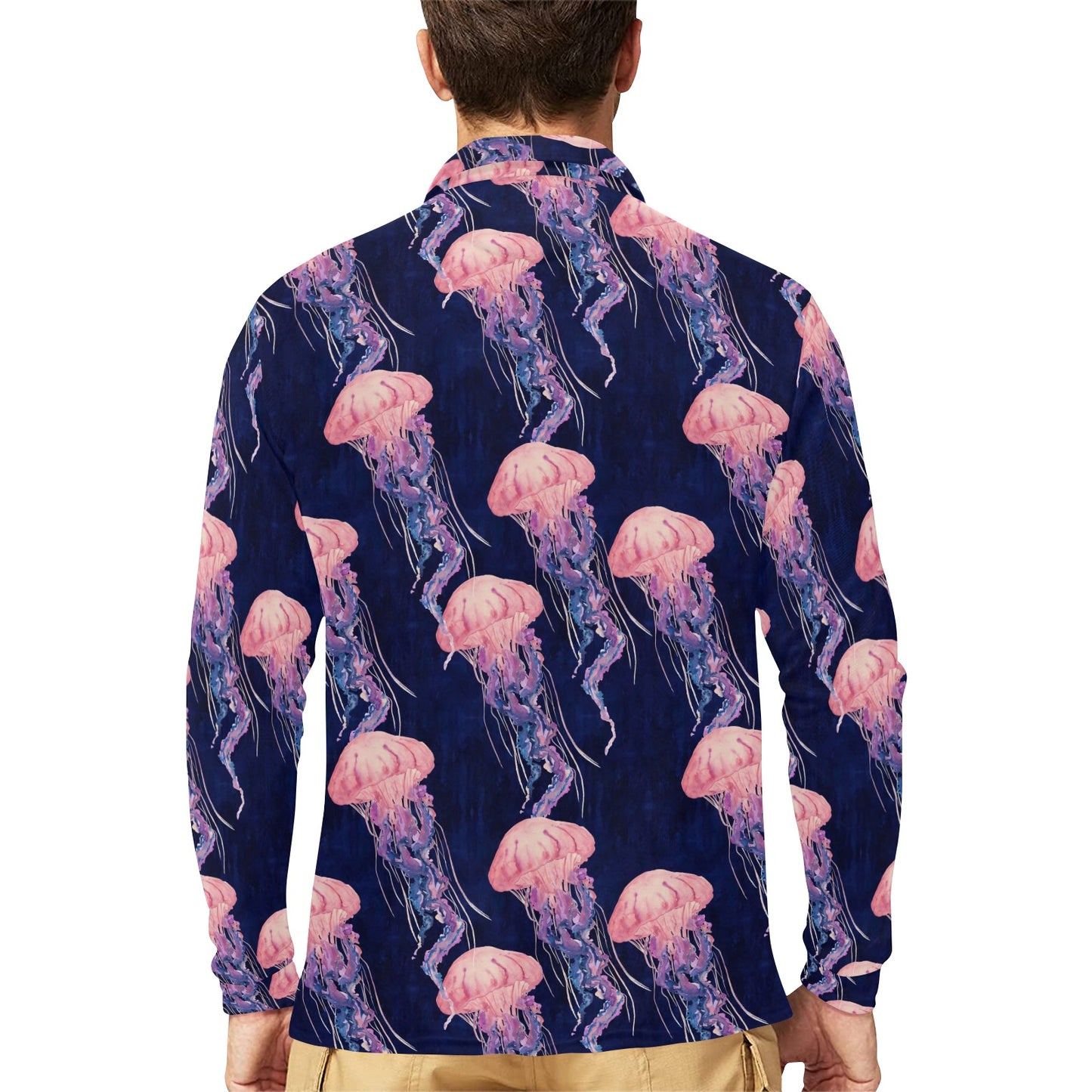 Jellyfish Pattern Print Design 03 Long Sleeve Polo Shirt For Men's