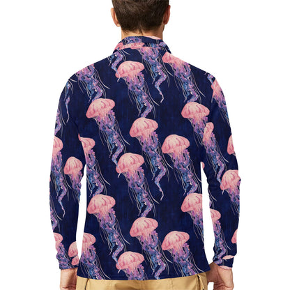 Jellyfish Pattern Print Design 03 Long Sleeve Polo Shirt For Men's