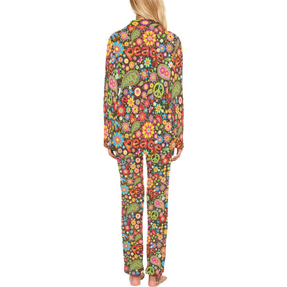 Flower Power Peace Paisley Themed Print Women's Long Pajama Set