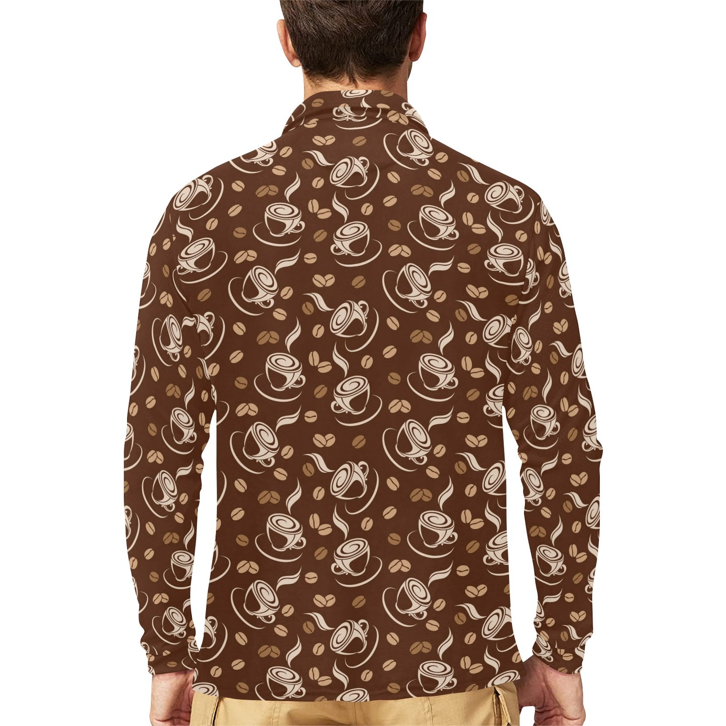 Coffee Pattern Print Design 03 Long Sleeve Polo Shirt For Men's