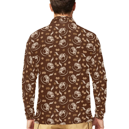 Coffee Pattern Print Design 03 Long Sleeve Polo Shirt For Men's